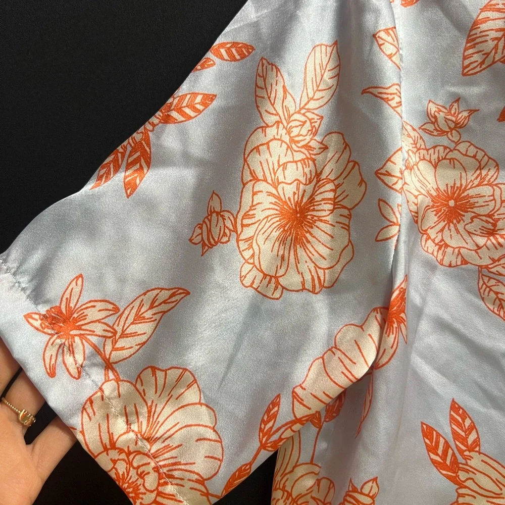 Joie‎ top Satin Pajamas Sz m Blue Orange Floral Pockets